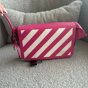Off-White Pink and White Diagonal Stripe Crossbody Bag